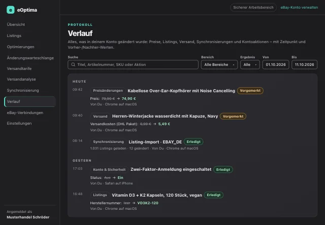 eOptima-Screenshot „Verlauf“: Verlauf nach Tagen gruppiert, mit Vorher-/Nachher-Werten und Gerät.