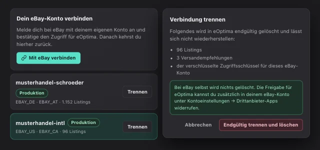 eOptima-Screenshot „eBay-Verbindungen“: Mehrere eBay-Konten verbinden – und vor dem Trennen sehen, was gelöscht wird.