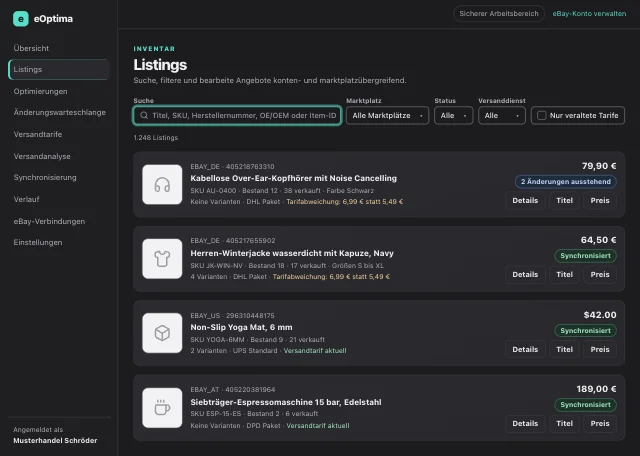 eOptima-Screenshot „Listings“: Listings aller Konten und Marktplätze – mit Tarifhinweis und Inline-Bearbeitung.