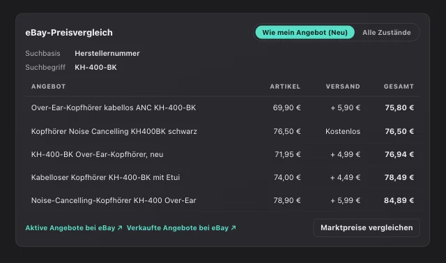 eOptima-Screenshot „Marktpreisvergleich“: Die fünf günstigsten aktiven Angebote bei eBay mit Gesamtpreis inklusive Versand.
