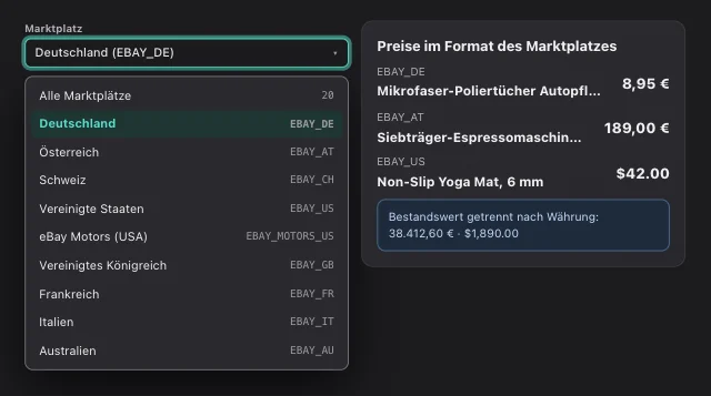 eOptima-Screenshot „Marktplatz-Auswahl“: 20 Marktplätze, Beträge jeweils im Format des Marktplatzes.