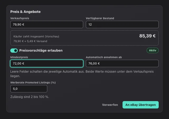 eOptima-Screenshot „Preis & Angebote“: Preisvorschlag-Grenzen, Gesamtpreis-Vorschau und Werberate in einer Karte.