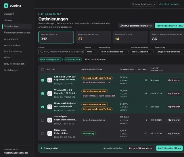 eOptima-Screenshot „Optimierungen“: Schnellfilter, Handlungsbedarf je Listing und Sammelleiste für die Auswahl.