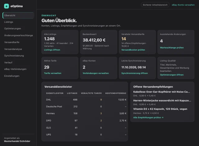 eOptima-Screenshot „Übersicht“: Die Übersicht bündelt Listings, Bestandswert, Versand und offene Änderungen (Demo-Daten).
