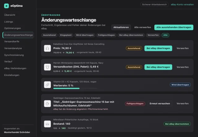 eOptima-Screenshot „Änderungswarteschlange“: Jede Änderung mit Status – übernommen wird erst nach Bestätigung durch eBay.