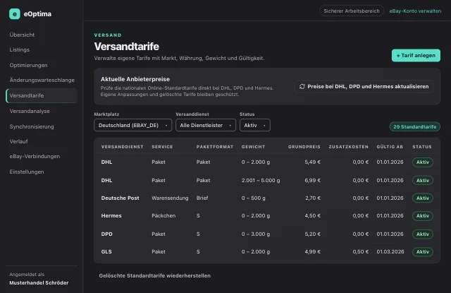eOptima-Screenshot „Versandtarife“: Versandtarife je Marktplatz mit Gewicht, Preisen und Gültigkeit (Demo-Werte).
