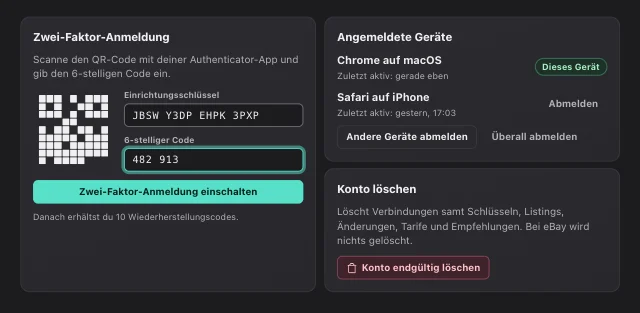 eOptima-Screenshot „Sicherheit & Konto“: Zwei-Faktor-Anmeldung, Geräteübersicht und Konto löschen – alles in den Einstellungen.