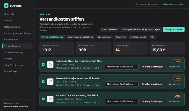 eOptima-Screenshot „Versandanalyse“: Jede Abweichung als Empfehlung mit Ist-Wert, Zielwert und Differenz.