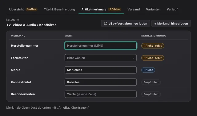 eOptima-Screenshot „Artikelmerkmale“: Pflicht- und empfohlene Merkmale nach eBay-Kategorie – Lücken sind sofort sichtbar.