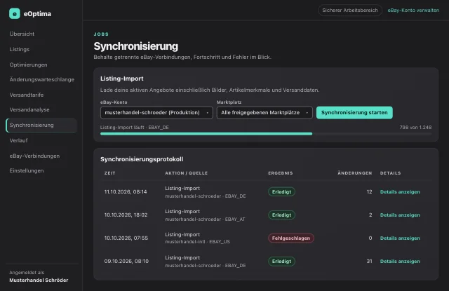 eOptima-Screenshot „Synchronisierung“: Listing-Import mit Fortschritt und lückenlosem Synchronisierungsprotokoll.