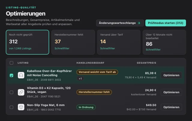 eOptima-Dashboard: eBay-Listings optimieren, Versandkosten anpassen und fehlende Herstellernummern finden