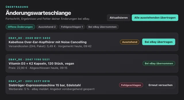 Änderungswarteschlange in eOptima: eBay-Änderungen gesammelt übertragen, mit Status je Änderung