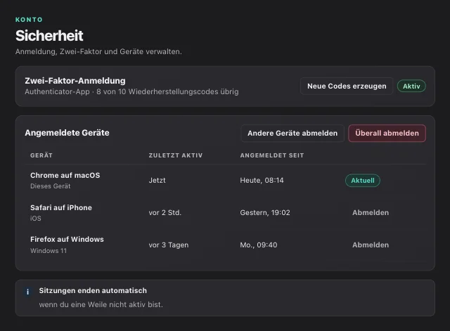eOptima-Screenshot „Konto · Sicherheit“: Unter „Einstellungen“ → „Sicherheit“ schaltest du die Zwei-Faktor-Anmeldung ein und beendest Sitzungen auf anderen Geräten.