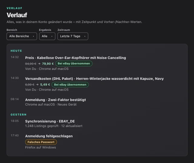 eOptima-Screenshot „Verlauf“: Der Verlauf: jede Änderung mit Vorher → Nachher, Herkunft und Bestätigung durch eBay.