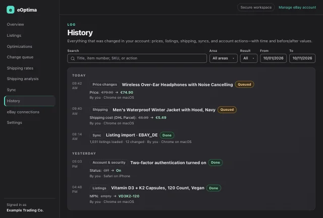 eOptima screenshot “History”: History grouped by day, with before/after values and device.