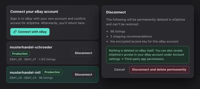 eOptima screenshot “eBay connections”: Connect multiple eBay accounts—and see what will be deleted before you disconnect.
