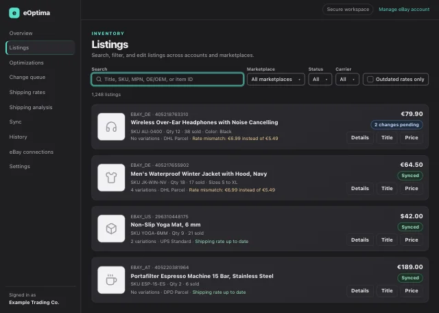 eOptima screenshot “Listings”: Listings from all accounts and marketplaces—with rate alerts and inline editing.