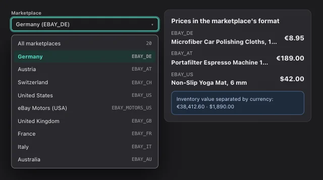 eOptima screenshot “Marketplace selection”: 20 marketplaces, with amounts in each marketplace's format.