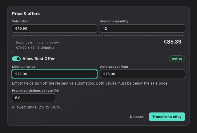 eOptima screenshot “Price & offers”: Best Offer limits, total price preview, and ad rate in one card.
