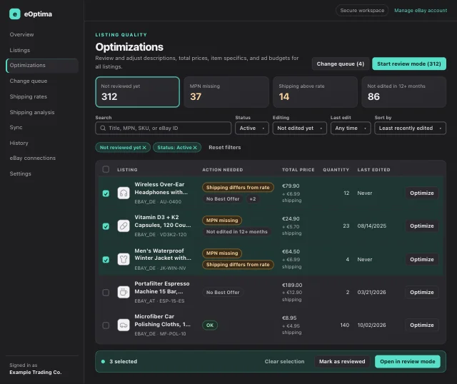 eOptima screenshot “Optimizations”: Quick filters, action needed per listing, and a bulk action bar for the selection.