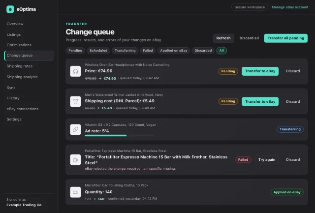 eOptima screenshot “Change queue”: Every change with its status—applied only after eBay confirms.