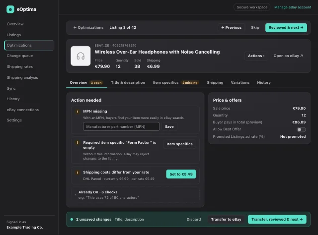 eOptima screenshot “Review mode”: Review mode: fix open issues right away, transfer them to eBay, and move on to the next listing.