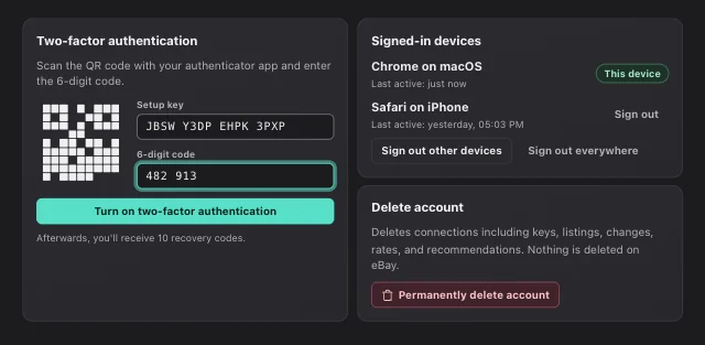 eOptima screenshot “Security & account”: Two-factor authentication, device overview, and account deletion—all in Settings.
