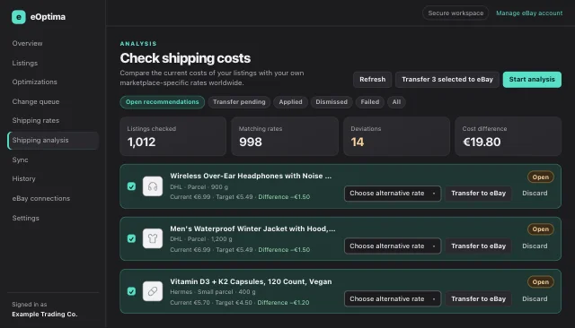 eOptima screenshot “Shipping analysis”: Every deviation as a recommendation with actual value, target value, and difference.