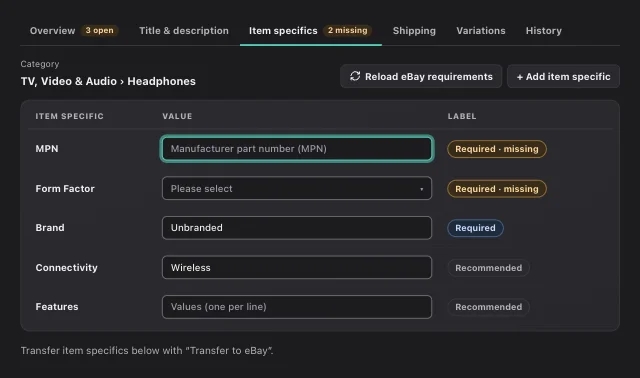 eOptima screenshot “Item specifics”: Required and recommended item specifics by eBay category—gaps are visible immediately.