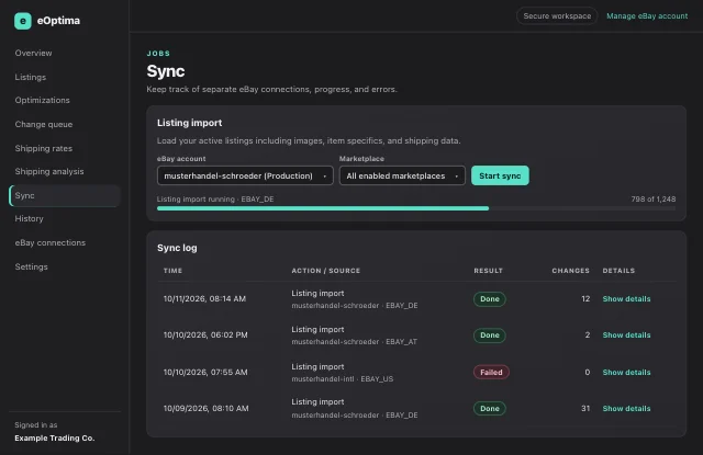 eOptima screenshot “Sync”: Listing import with progress and a complete sync log.