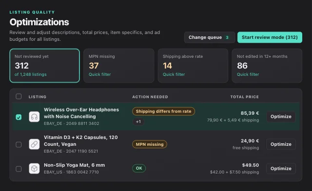 eOptima dashboard: optimize eBay listings, adjust shipping costs, and find missing manufacturer part numbers