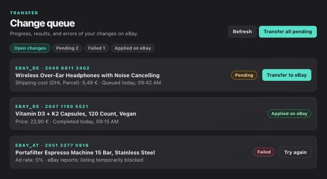 Change queue in eOptima: transfer eBay changes in bulk, with the status of each change
