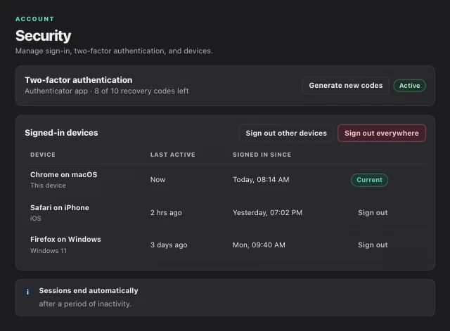 eOptima screenshot “Account · Security”: Under “Settings” → “Security”, you turn on two-factor authentication and end sessions on other devices.