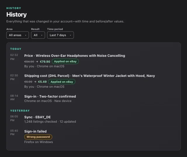 eOptima screenshot “History”: The history: every change with before → after, origin, and confirmation by eBay.