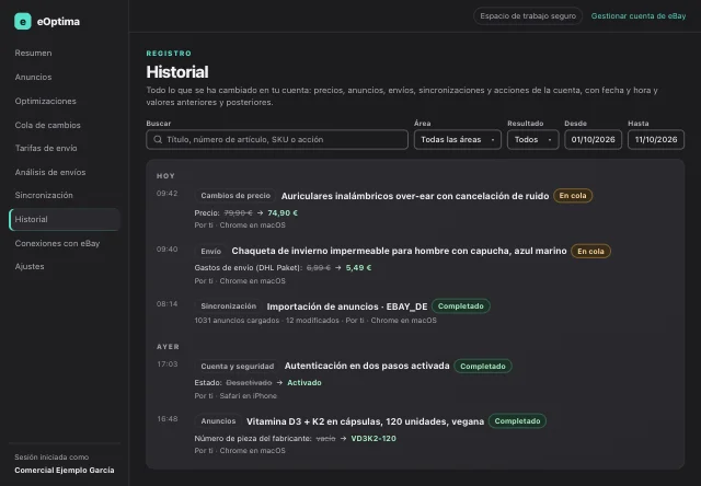 Captura de pantalla de eOptima «Historial»: Historial agrupado por días, con valores anteriores y posteriores y el dispositivo.