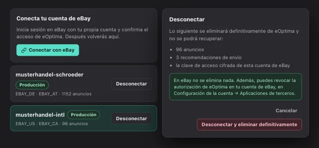 Captura de pantalla de eOptima «Conexiones con eBay»: Conecta varias cuentas de eBay y, antes de desconectar, ve qué se eliminará.