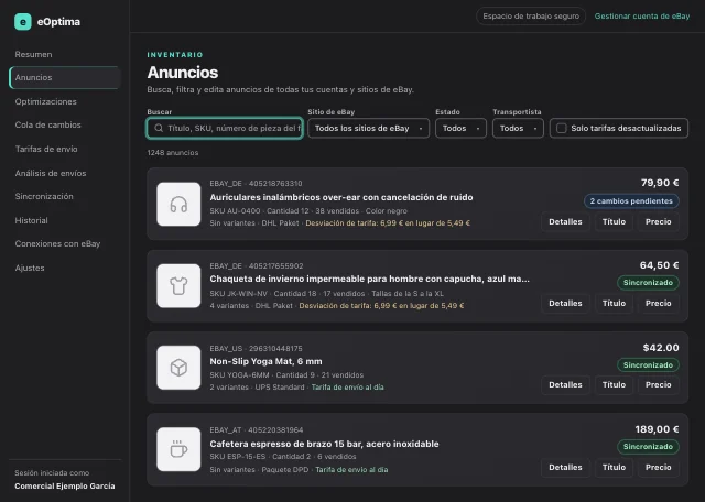 Captura de pantalla de eOptima «Anuncios»: Anuncios de todas las cuentas y sitios de eBay, con aviso de tarifa y edición en línea.