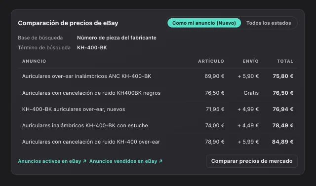 Captura de pantalla de eOptima «Comparación de precios de mercado»: Los cinco anuncios activos más baratos de eBay con precio total, envío incluido.