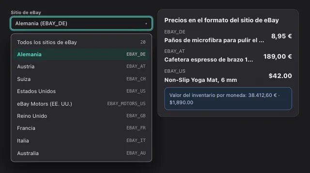 Captura de pantalla de eOptima «Selección del sitio de eBay»: 20 sitios de eBay, con los importes en el formato de cada uno.