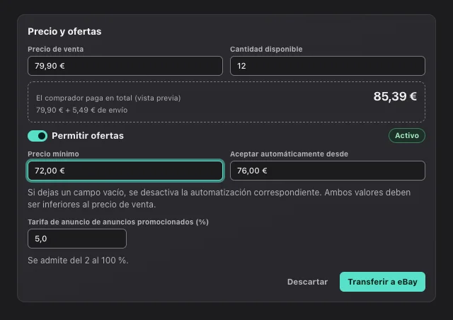 Captura de pantalla de eOptima «Precio y ofertas»: Límites de las ofertas, vista previa del precio total y tarifa de anuncio en una sola tarjeta.