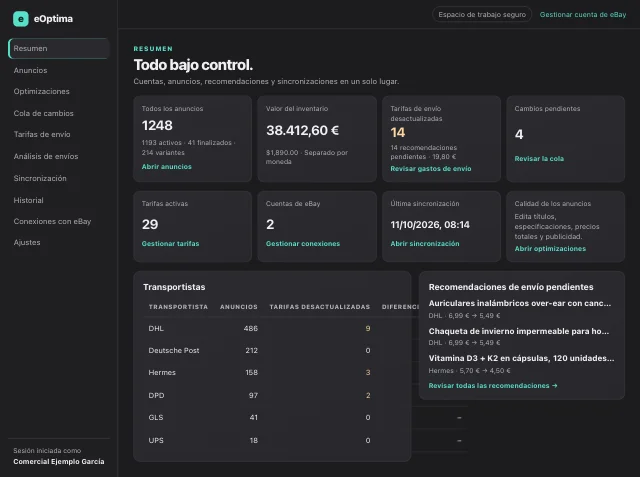 Captura de pantalla de eOptima «Resumen»: El resumen reúne anuncios, valor del inventario, envío y cambios pendientes (datos de demostración).
