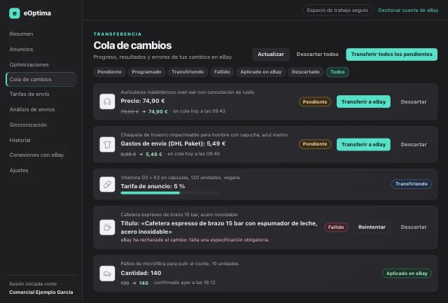 Captura de pantalla de eOptima «Cola de cambios»: Cada cambio con su estado: solo se aplica tras la confirmación de eBay.