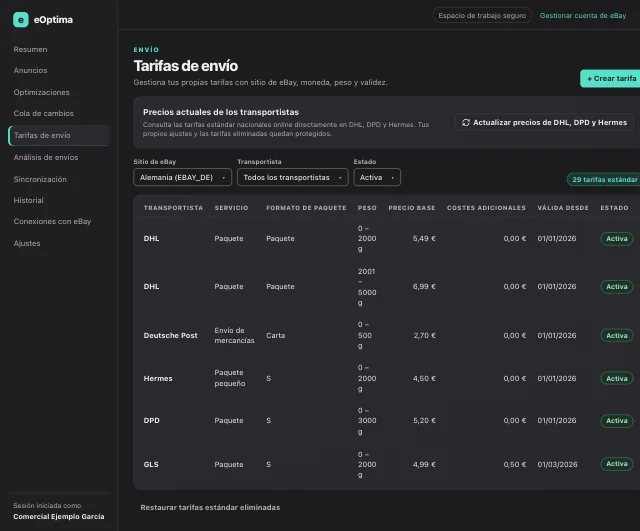 Captura de pantalla de eOptima «Tarifas de envío»: Tarifas de envío por sitio de eBay con peso, precios y validez (valores de demostración).