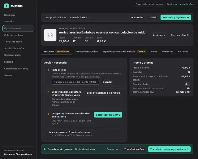Captura de pantalla de eOptima «Modo de revisión»: Modo de revisión: corrige los puntos pendientes al momento, transfiérelos a eBay y pasa al siguiente anuncio.