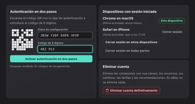 Captura de pantalla de eOptima «Seguridad y cuenta»: Autenticación en dos pasos, vista de dispositivos y eliminación de la cuenta, todo en Ajustes.