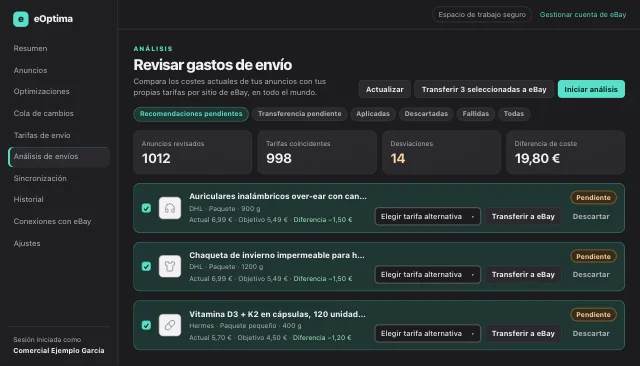 Captura de pantalla de eOptima «Análisis de envíos»: Cada desviación como recomendación, con valor actual, valor objetivo y diferencia.