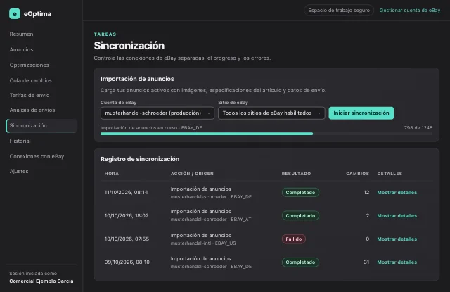 Captura de pantalla de eOptima «Sincronización»: Importación de anuncios con progreso y un registro de sincronización completo.