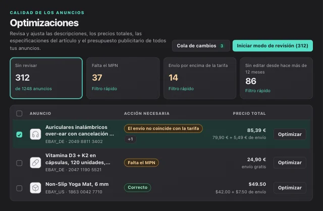 Panel de eOptima: optimizar anuncios de eBay, ajustar gastos de envío y encontrar números de pieza del fabricante que faltan