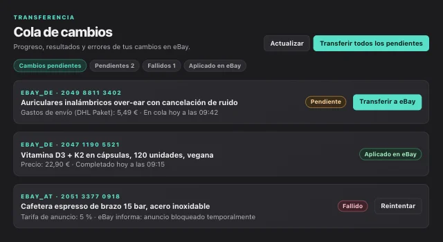 Cola de cambios en eOptima: transferir cambios a eBay en bloque, con el estado de cada cambio