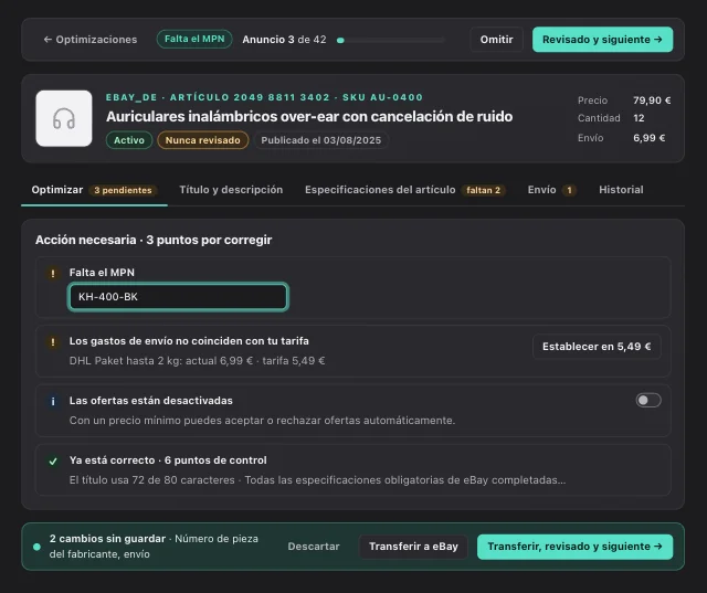 Modo de revisión en eOptima: anuncio de eBay sin número de pieza del fabricante, con una especificación obligatoria vacía y gastos de envío que no coinciden con la tarifa